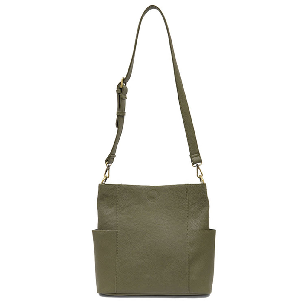 Kayleigh side pocket vegan bucket bag-Olive-showing strap