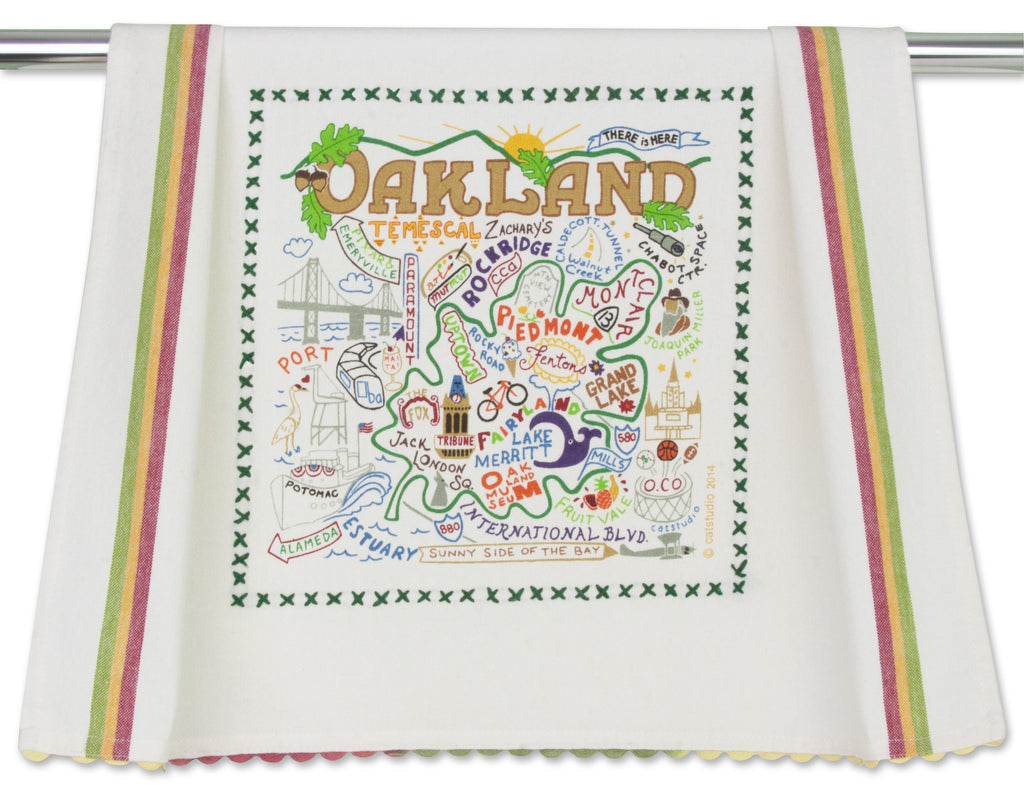 Oakland Towel by Catstudio is an original designed silk-screened and hand embroidered 100% cotton dish towel/hand towel/guest towel/bar towel presented in an organdy re-usable pouch.