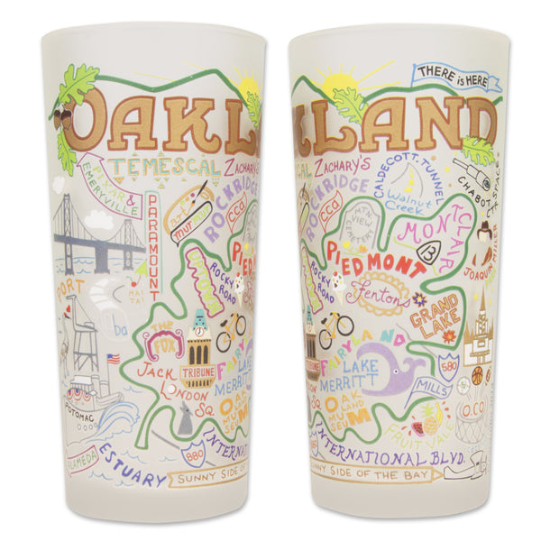 Oakland Glass by Catstudio is an original designed high quality dishwasher-safe fifteen ounce tumbler rendered with vibrant colors that celebrates the city of Oakland, California.