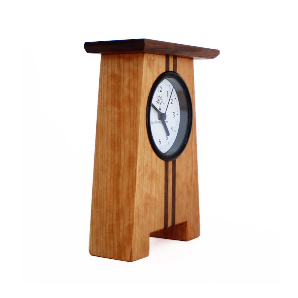 Sabbath Day Woods Asheville craftsman desk clock. Sustainable Cherry and walnut.  Arts and crafts movement. Angle view.