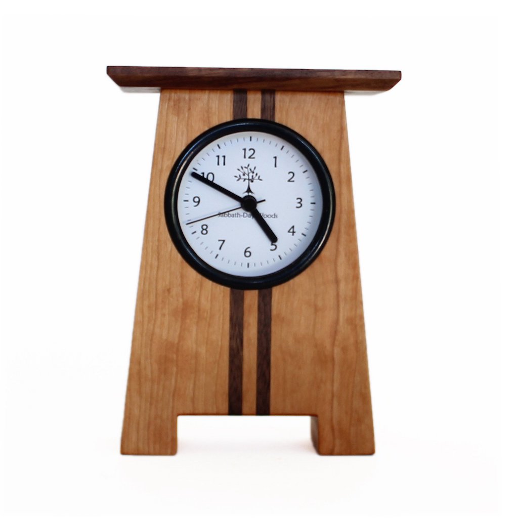 Sabbath Day Woods Asheville craftsman desk clock. Sustainable Cherry and walnut.  Arts and crafts movement. Front view.
