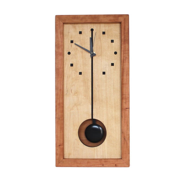 Sabbath Day Woods tall wooden box clock.  Made of sustainable cherry and maple. Pendulum.