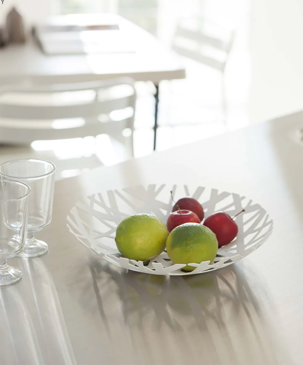 Yamazaki tower fruit bowl on table with fruit white
