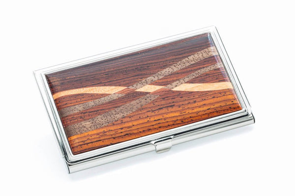 Davin and Kesler business card case in brushed steel and cocobolo rosewood inlay