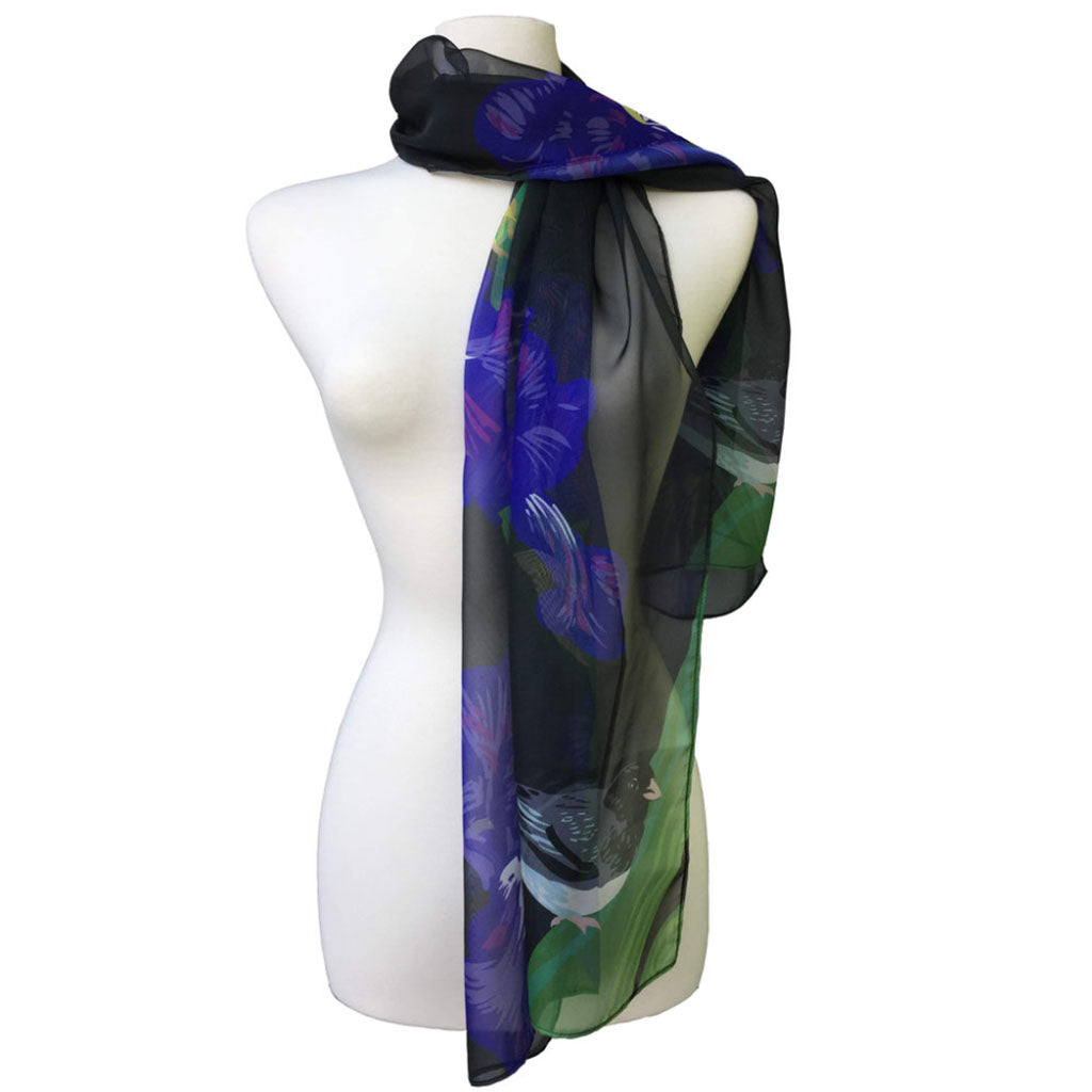 Rigel Stuhmiller iris and junco scarf on mannequin