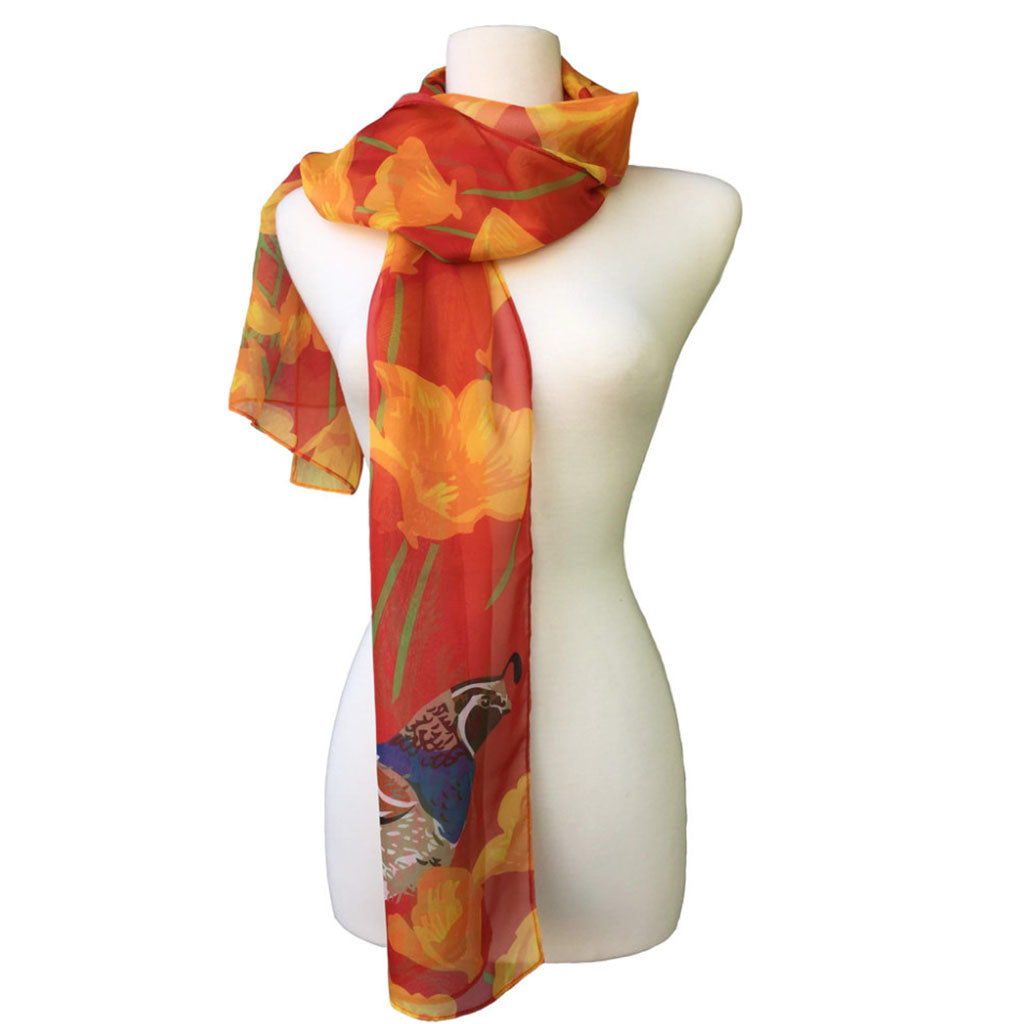 Rigel Stuhmiller poppy and quail scarf on mannequin
